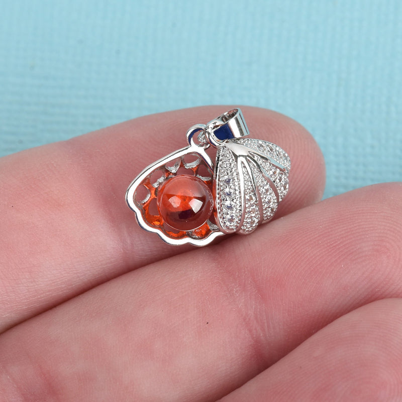 CLAM SHELL and PEARL Charm, Micro Pave Rhinestones, Seashell Silver Charm with orange faux pearl, 17mm, chs3730