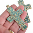 1 Large CROSS Charm Pendant, light gold with blue green verdigris patina, floral design, 3" long, chs3731