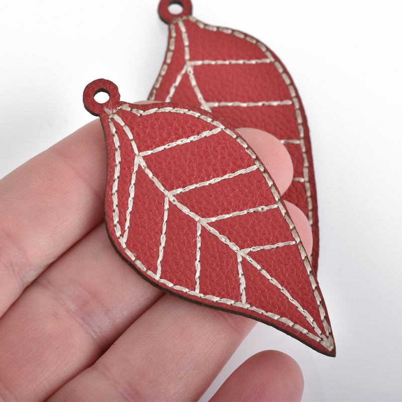5 RED Faux Leather Charms, LEAF with stitching, vegan leather, 2-5/8" long, chs3733
