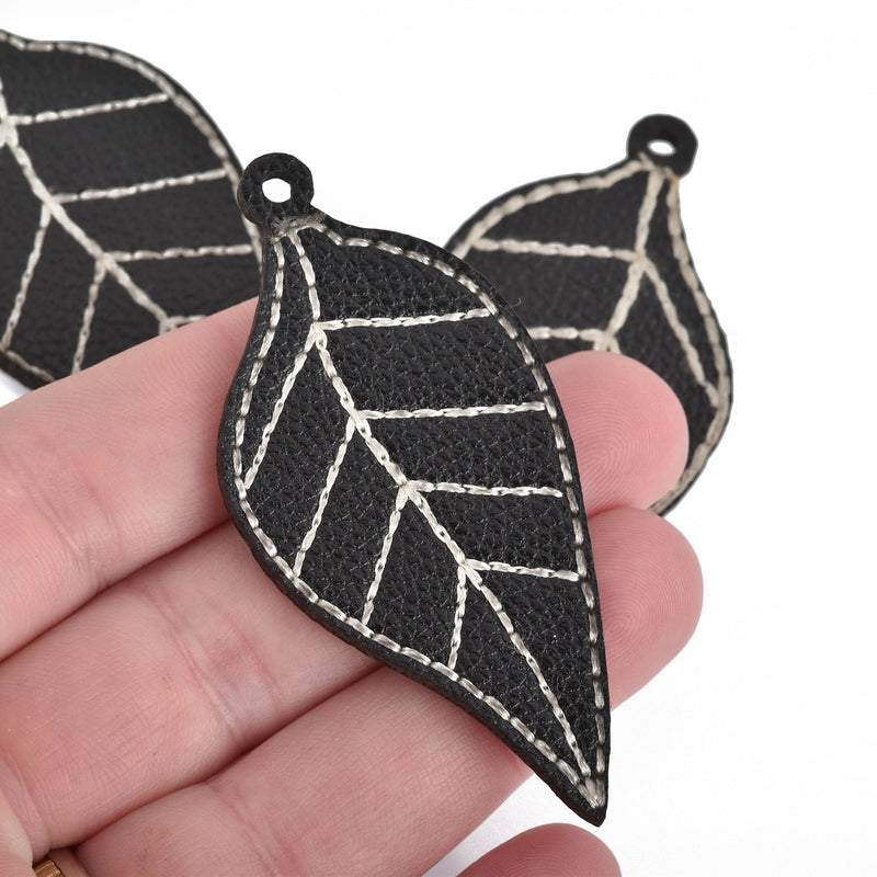 5 BLACK Faux Leather Charms, LEAF with stitching, vegan leather, 2-5/8" long, chs3734
