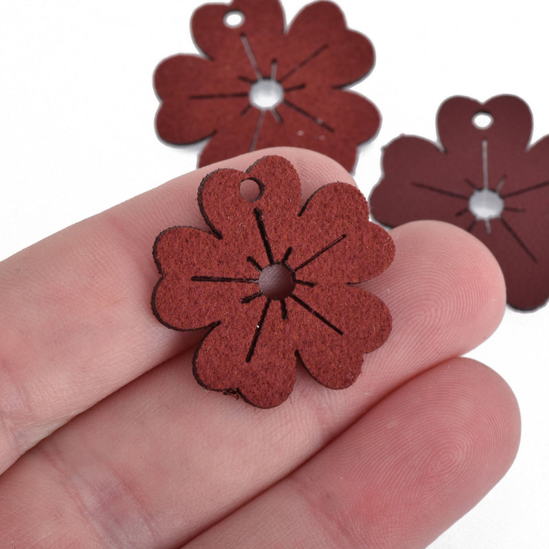 10 DARK RED Faux Leather Charms, FLOWER, vegan leather, 1-1/8" long, chs3735
