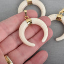 WHITE Double Horn Pendant, Crescent Horn, White Horns, Gold Plated Bail Pendant, Upside Down Moon, 35mm (1-3/8"), chs3736
