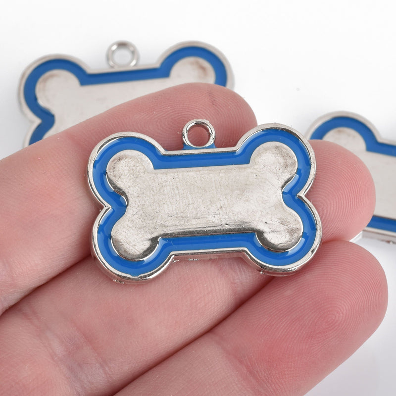 5 Blue DOG BONE Charms, Stamping Blanks, Silver and Blue Tag Charm, Pendant 31mm x 23mm, chs3739