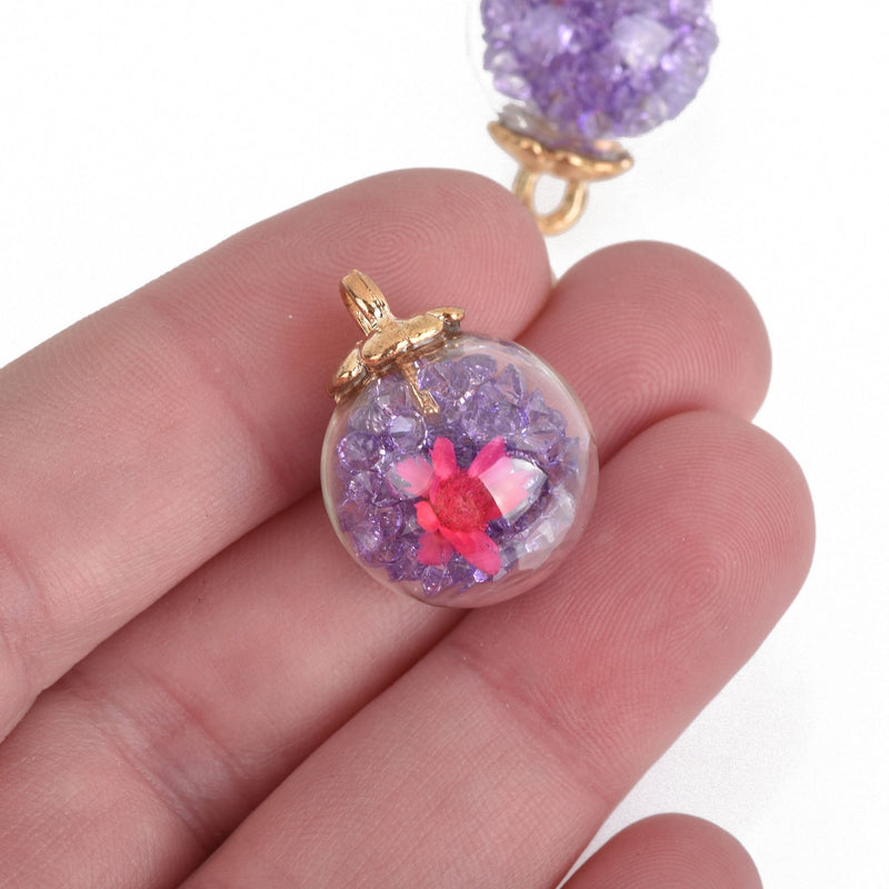 5 Glass Ball Charms, PURPLE Crystals and pink dried flower, round globe glass vial, gold bail top, 22x16mm, chs3740
