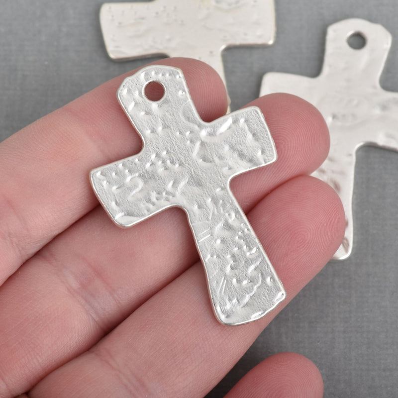 2 MATTE Silver Cross Pendant Charms, Hammered Metal, large 1-3/4" long chs3741