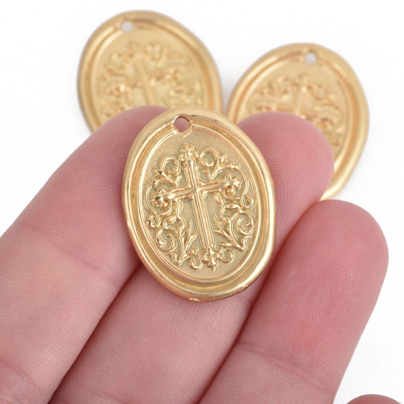 5 MATTE Gold Cross Relic Charm Pendants, wax seal style, oval coin charms, double sided design, 27x21mm, chs3743