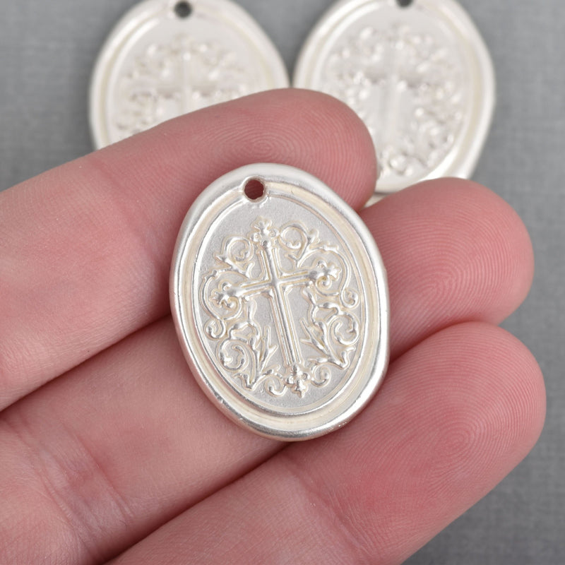 5 MATTE Silver Cross Relic Charm Pendants, wax seal style, oval coin charms, double sided design, 27x21mm, chs3744