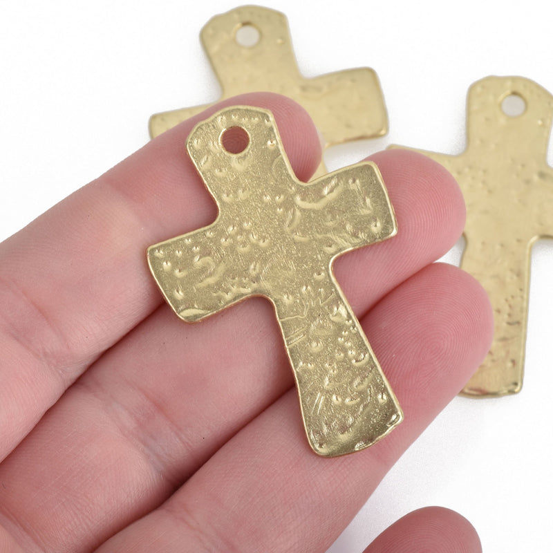 2 MATTE Gold Cross Pendant Charms, Hammered Metal, large 1-3/4" long chs3745
