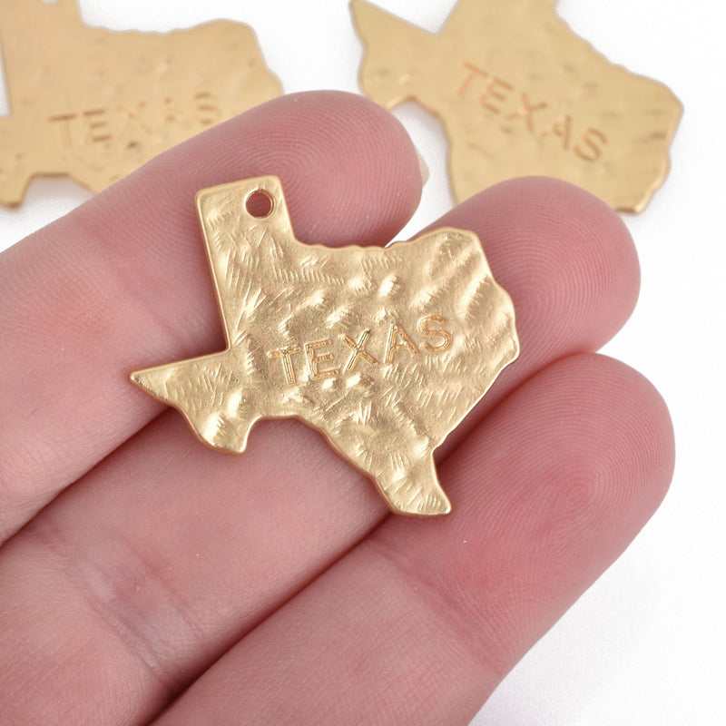 4 Stamped TEXAS STATE Cutout Charm Pendants, hammered MATTE light gold tone metal, chs3746