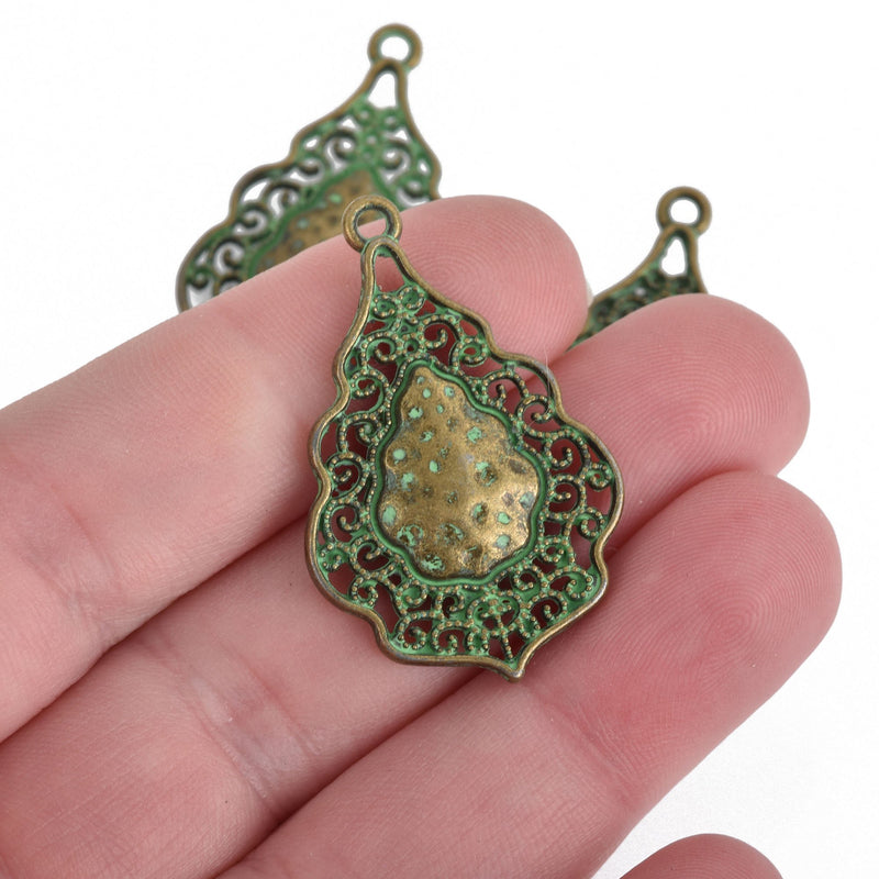 5 Bronze Charms, Green Verdigris Patina, fancy Victorian filigree design, teardrop charms, 37x25mm, chs3748