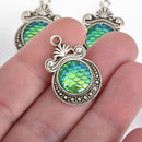 3 MERMAID Charms, Green AB, Mermaid Scale Charms, Silver Bezel, Fairytale Charms, 28mm, chs3750