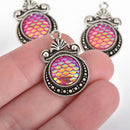 3 MERMAID Charms, Pink AB, Mermaid Scale Charms, Silver Bezel, Fairytale Charms, 28mm, chs3752