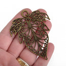4 Bronze Leaf Charms, Large Filigree Pendants, 2-7/8" long, chs3757