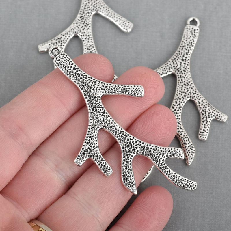 2 Silver Large DEER ANTLER or Coral Branch Charm Pendants, 2-3/4" long  chs3760