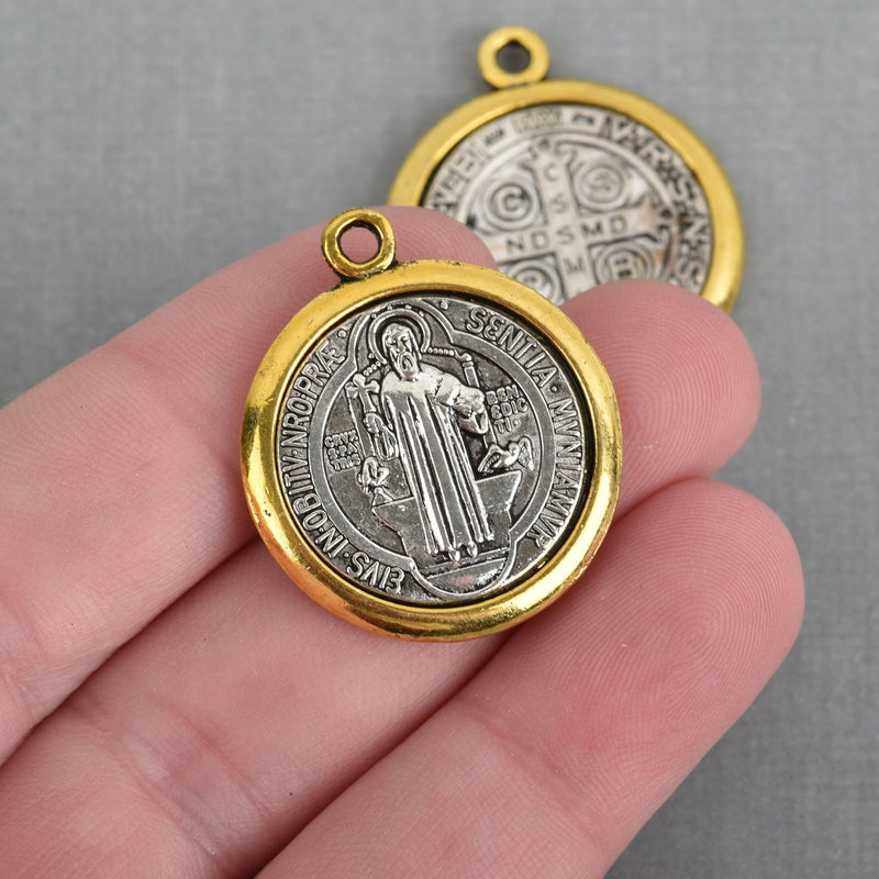 5 Religious Medal Charms, Gold and Silver Relic Charm Pendants, double sided Patron Saint charms, 32x27mm, chs3761