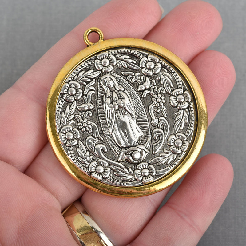 2 Religious Medal Charms, Gold and Silver Relic Charm Pendants, double sided Patron Saint charms, 53x48mm, chs3763