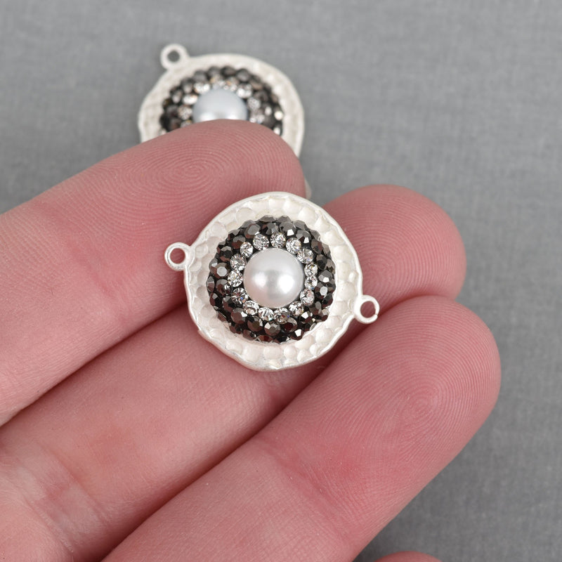 Matte Silver Pearl Charm Connector Link, pave crystals on hammered silver base, 23mm, chs3764