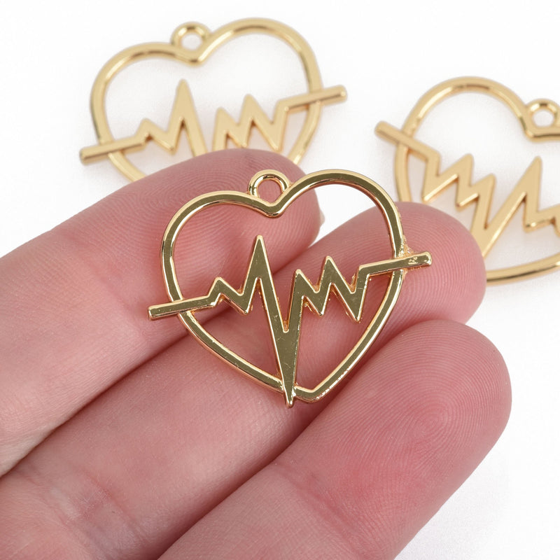 5 Gold HEARTBEAT Charms, Gold Science Charm Pendants, EKG Charms, Electrocardiogram Charms, 30mm, chs3767