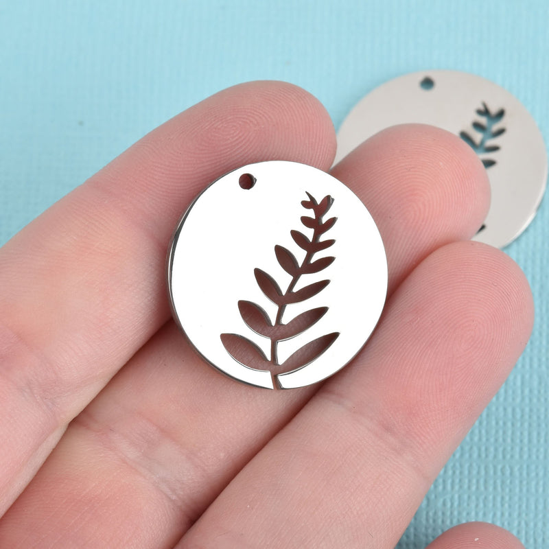 3 Stainless Steel Cut Out Charms Round Silver Tone Leaf Plant 25mm (1") Diameter, CHS3770
