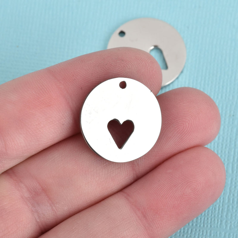 3 Stainless Steel Round HEART Cut Out Charms, silver, 20mm, CHS3775