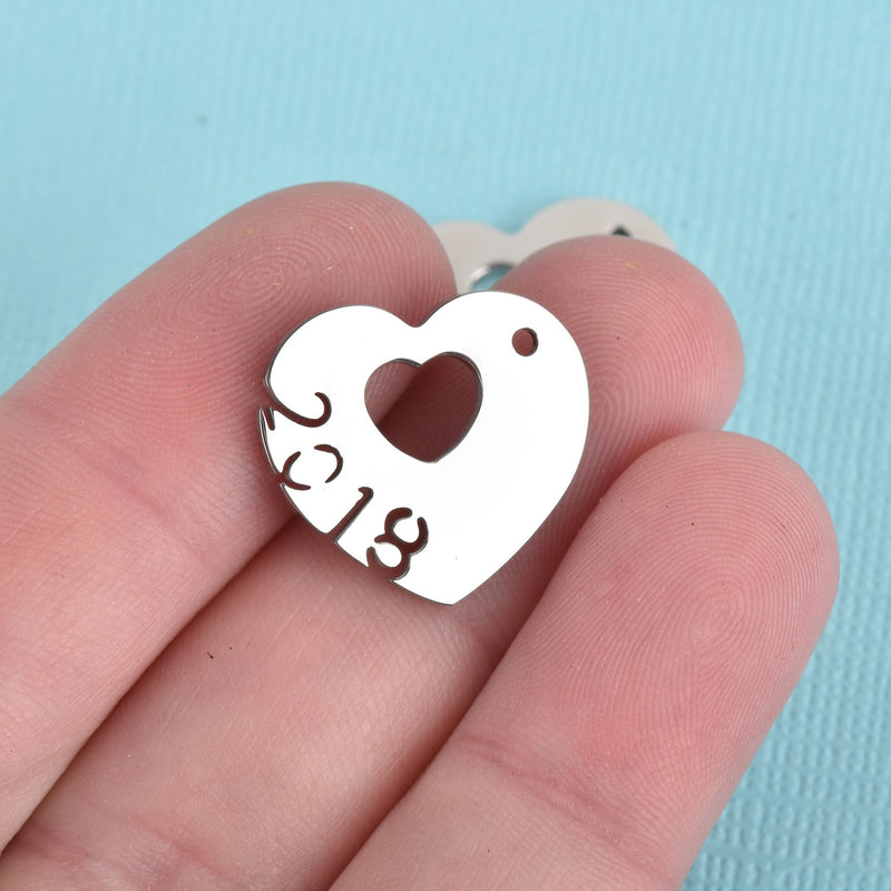 2 Stainless Steel 2018 Heart Charms with Heart and 2018 Cut Out, 20mm, CHS3776