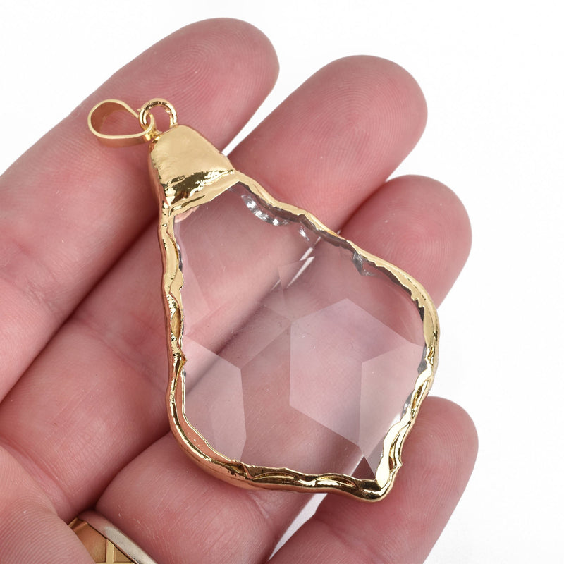 1 Crystal Teardrop Drop Pendant, Clear Glass CRYSTAL, Faceted, Gold Bail, 2-1/4" long, chs3777