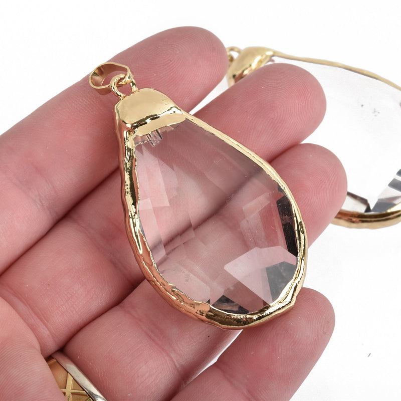 1 Crystal Teardrop Drop Pendant, Clear Glass CRYSTAL, Faceted, Gold Bail, 2-1/2" long, chs3778
