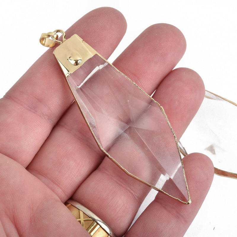 1 Crystal Drop Pendant, TEARDROP Clear Glass CRYSTAL, Faceted, Gold Bail, 3.5" long, chs3780