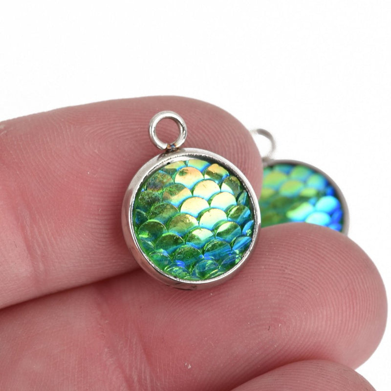 10 MERMAID Charms, Green AB, Mermaid Scale Charms, Stainless Steel Bezel, Fairy Tale Charms, 18x14mm, chs3783