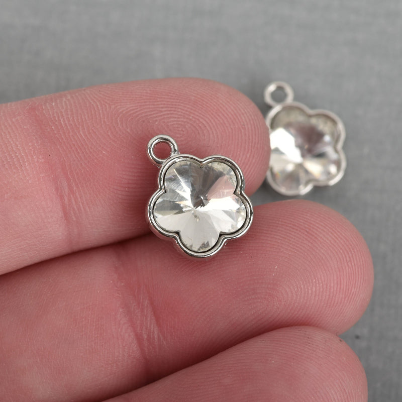 10 CLEAR Rhinestone Flower Drop Charms, Crystal Glass in Silver Tone Bezel, April Birthstone, 15mm, chs3784