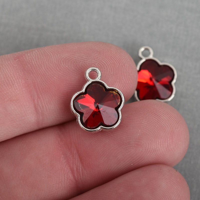 10 RED Rhinestone Flower Drop Charms, Crystal Glass in Silver Tone Bezel, 15mm, chs3785