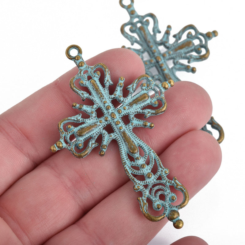 Large Ornate Blue Patina FILIGREE CROSS about 2.5" long  double sided  chs3792
