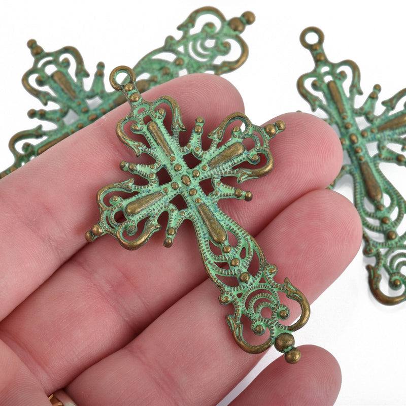 Large Ornate Green Patina FILIGREE CROSS about 2.5" long  double sided  chs3793