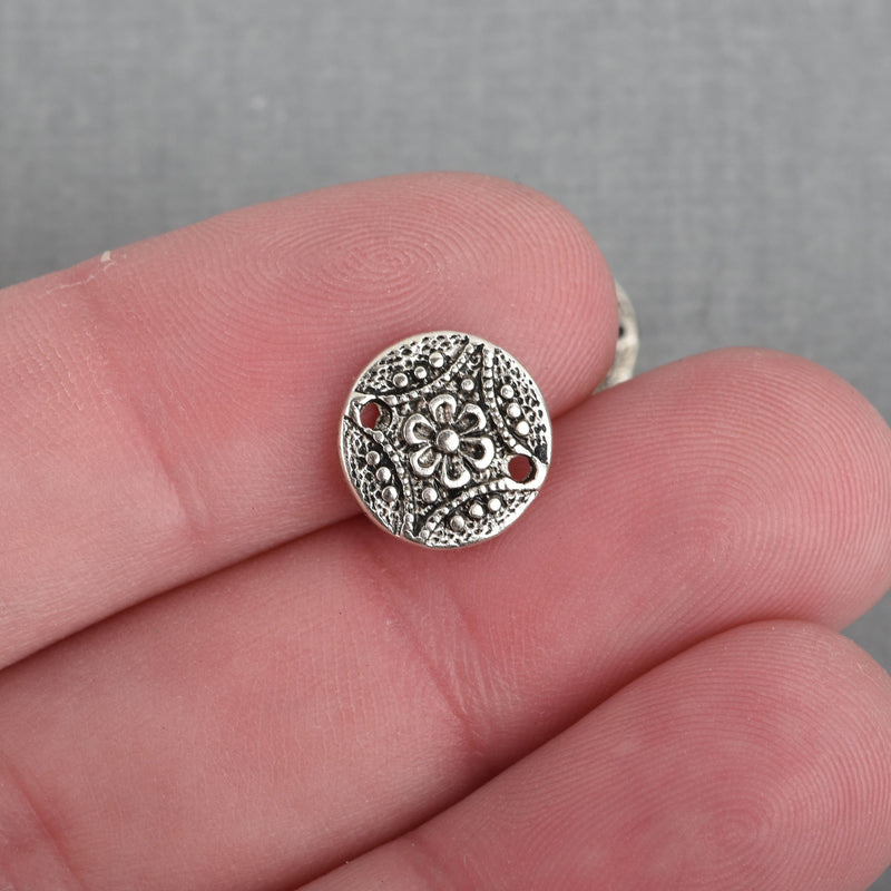 10 Silver Pewter Metal Round MANDALA FLOWER Circle 2-hole Connector Charm Beads 11mm, chs3795a