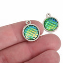 10 MERMAID Charms, Green AB, Mermaid Scale Charms, Silver Bezel, Fairytale Charms, 18x14mm, chs3799