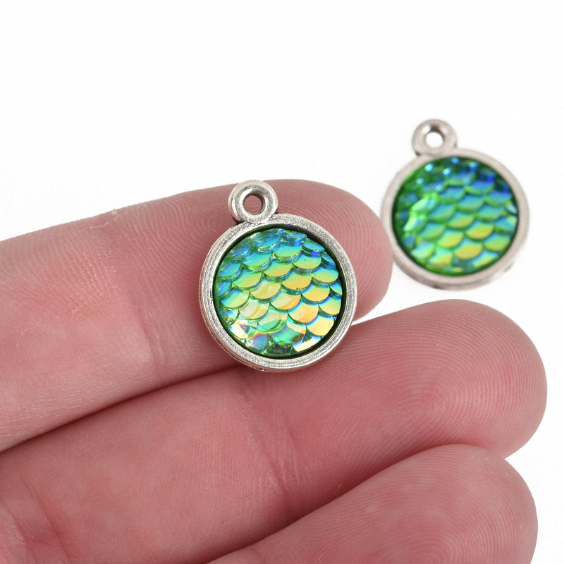 10 MERMAID Charms, Green AB, Mermaid Scale Charms, Silver Bezel, Fairytale Charms, 18x14mm, chs3799