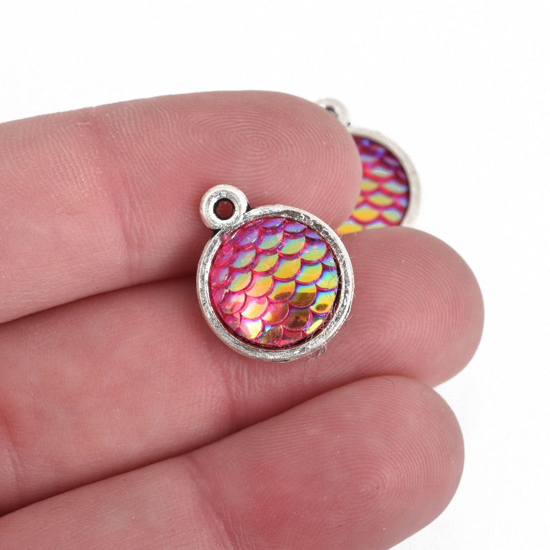 10 MERMAID Charms, Pink AB, Mermaid Scale Charms, Silver Bezel, Fairytale Charms, 18x14mm, chs3800