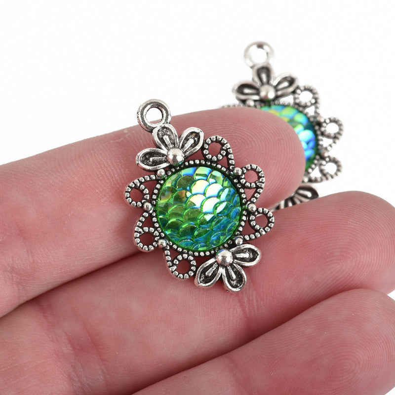 3 MERMAID Charms, Green AB, Mermaid Scale Charms, Silver Bezel, Fairytale Charms, 30mm, chs3801