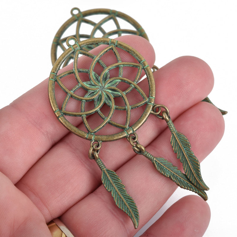 5 Feather Dream Catcher Charm Pendants, Bronze with Green Verdigris Patina, 3" long, chs3802