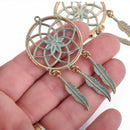 5 Feather Dream Catcher Charm Pendants, Gold with Green Verdigris Patina, 3" long, chs3803
