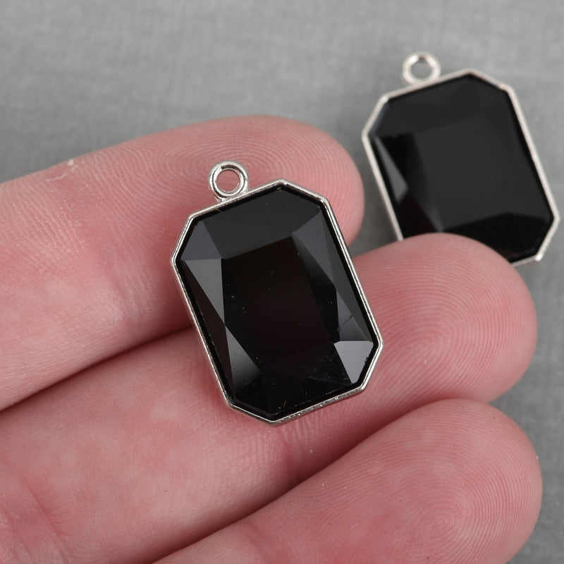 10 BLACK Rhinestone Drop Charms, Rectangle Octagon Crystal Glass in Silver Tone Bezel, April Birthstone, 23mm, chs3807