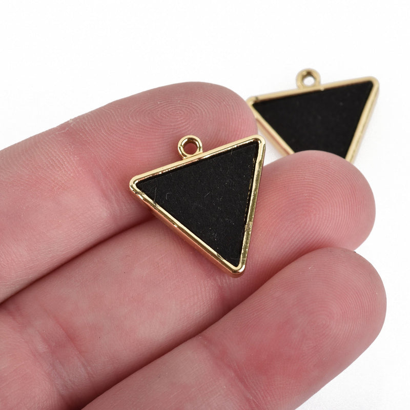 5 Black Leather Charms, Gold Triangle, 21mm, chs3808