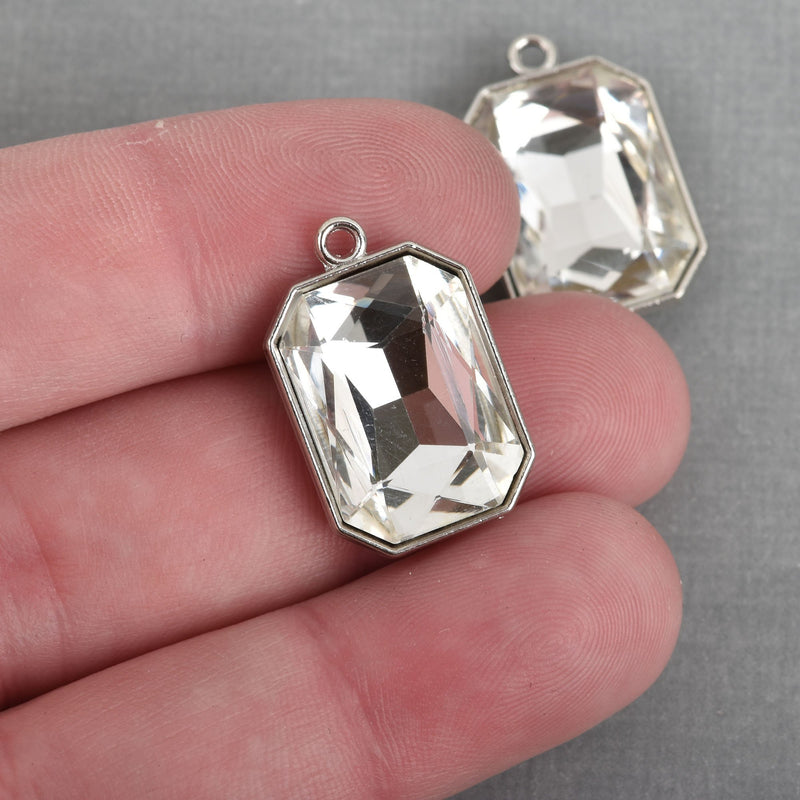 10 CLEAR Rhinestone Drop Charms, Rectangle Octagon Crystal Glass in Silver Tone Bezel, April Birthstone, 23mm, chs3809