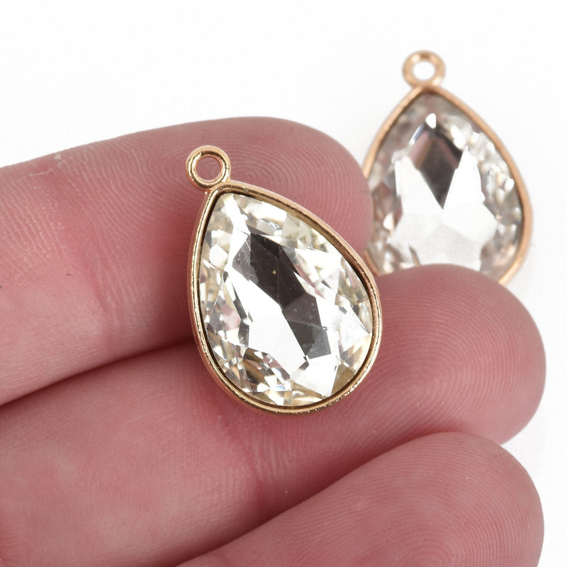 10 CLEAR DIAMOND Rhinestone Drop Charms, Teardrop Crystal Glass in GOLD Tone Bezel, April Birthstone, 23x15mm, chs3812