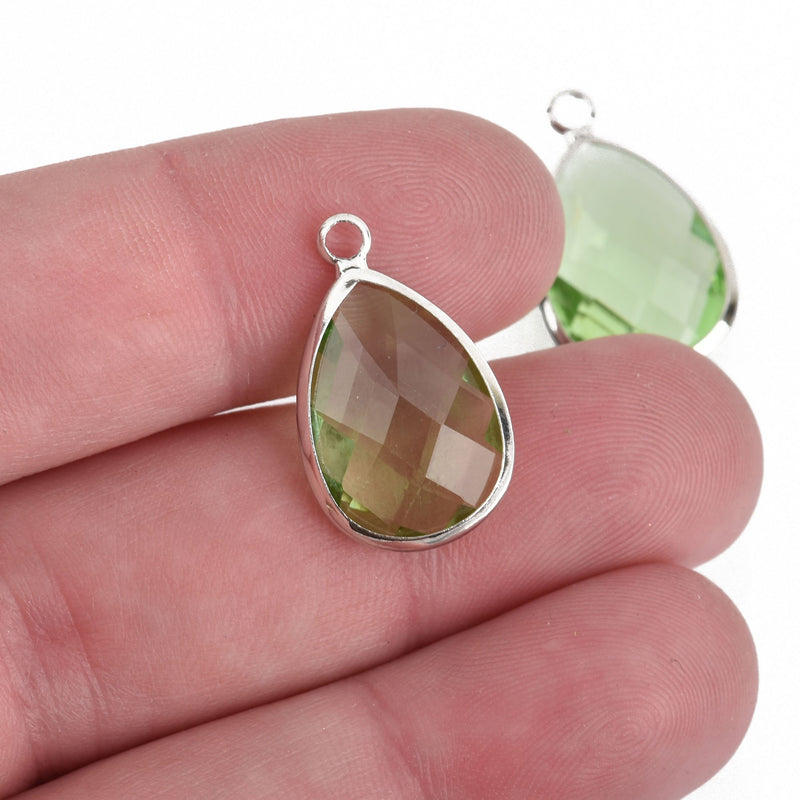 5 LIGHT PERIDOT GREEN Rhinestone Teardrop Drop Charms, Crystal Glass in Silver Bezel, August Birthstone, 22x14mm, chs3814