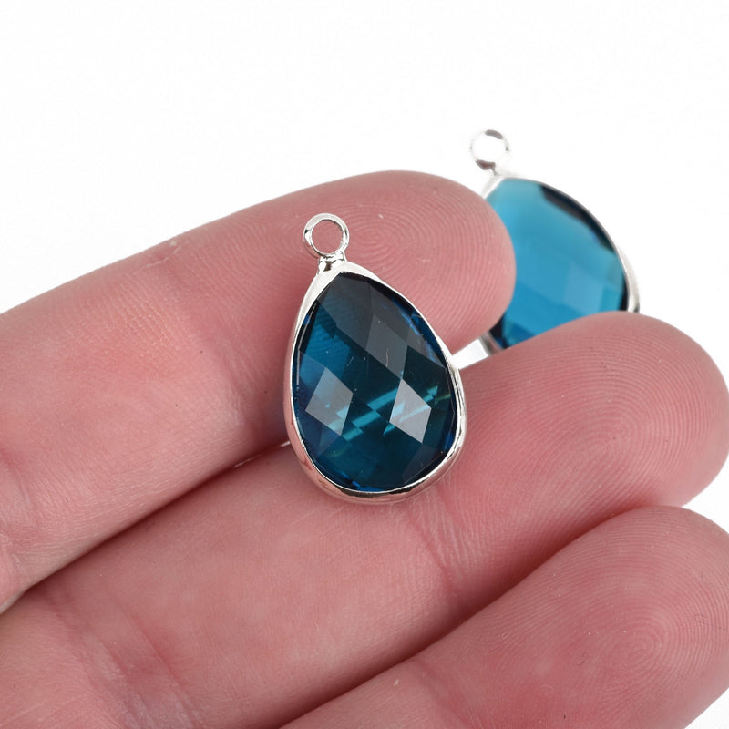 5 CAPRI BLUE Rhinestone Teardrop Drop Charms, Crystal Glass in Silver Bezel, December Birthstone, 22x14mm, chs3817
