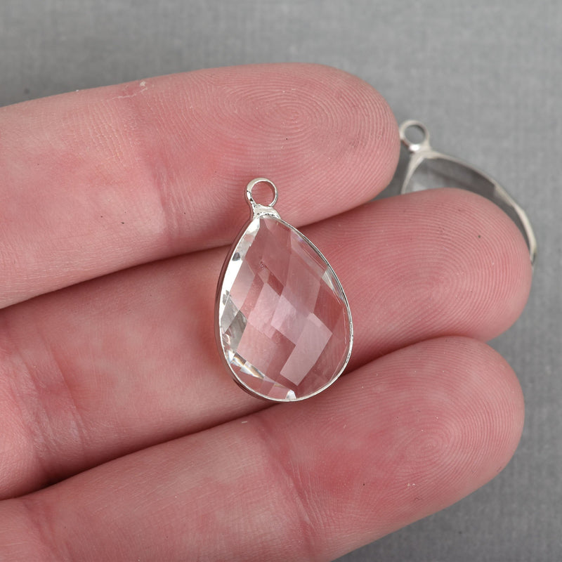5 CLEAR Rhinestone Teardrop Drop Charms, Crystal Glass in Silver Bezel, April Birthstone, 22x14mm, chs3818