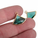 5 EMERALD GREEN Rhinestone Drop Charms, Triangle Fan Crystal Glass in GOLD Bezel, May Birthstone, 19x17mm, chs3819