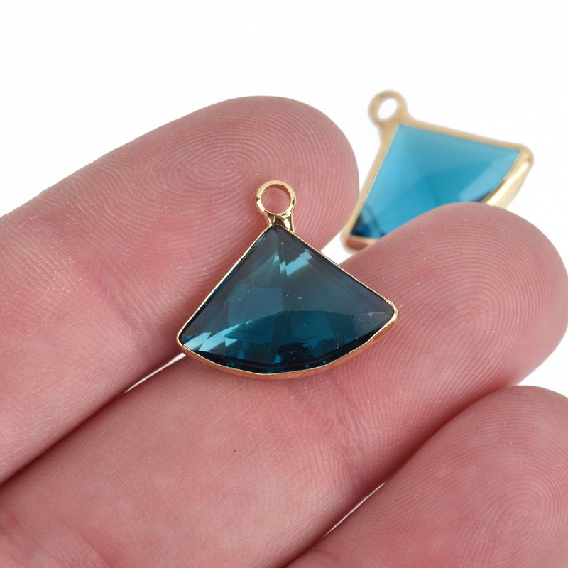 5 CAPRI BLUE Rhinestone Drop Charms, Triangle Fan Crystal Glass in GOLD Bezel, December Birthstone, 19x17mm, chs3822