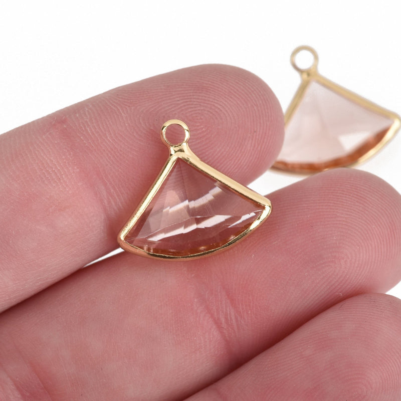 5 PINK Rhinestone Drop Charms, Triangle Fan Crystal Glass in GOLD Bezel, October Birthstone, 19x17mm, chs3823